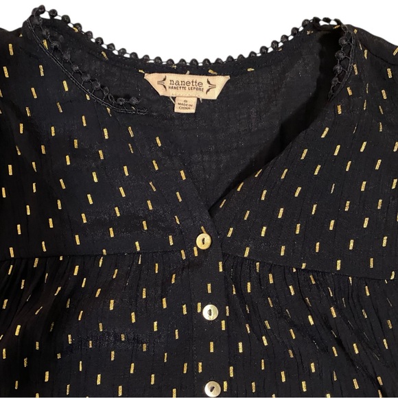 Nanette Lepore Navy Blue and Gold Ruffled Split Neck Collar Blouse Size Small - Picture 4 of 8